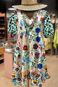 Chic Floral Print Leopard Puff Sleeve Mini Dress