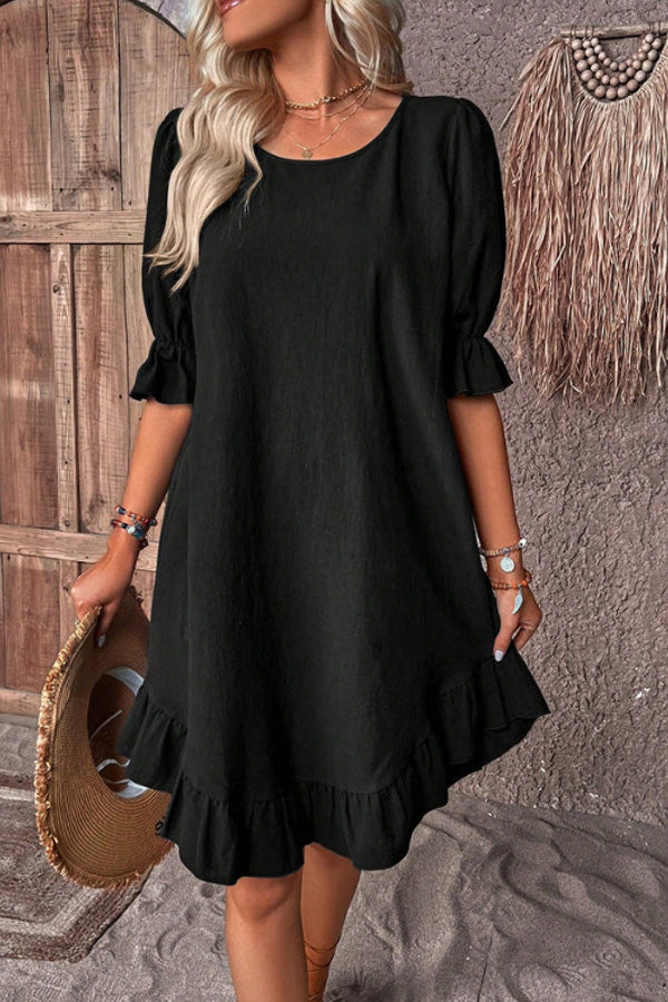 Solid Round Neck Ruffle Hem Linen Dress